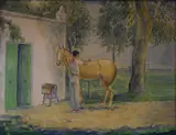 Alejandro Bustillo, Ensillando, óleo sobre tela