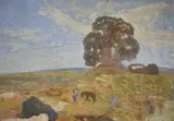 Pedro Figari, Paisaje Con Ombu Y Caballos, óleo sobre cartón