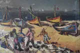 Cesar Bustillo, Playa Con Pescadores, óleo sobre tela