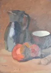 Jules-Émile Zingg, Naturaleza Muerta Con Jarra Y Frutos, óleo sobre tabla