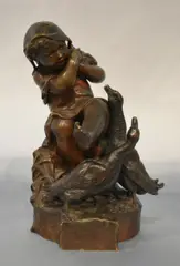 Henri Allouard, Niña Acechada Por Gansos, escultura de bronce patinado