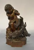Henri Allouard, Niña Acechada Por Gansos, escultura de bronce patinado