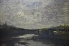 Antal Berkes, Paisaje Fluvial Con Carro Y Personajes, óleo sobre cartón