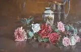 Rosas Y Vasos by Crisanto del Mónaco, óleo sobre tabla, offered Mar 2022