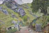 Ricardo López Cabrera, Paisaje Con Porton Y Perro, óleo sobre cartón