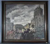 La Vielle Place De Locronan by Yvonne Jean-Haffen, óleo sobre tela pegada sobre tabla, offered Nov 2021