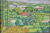 Angel Domingo Vena, Paisaje Con Casas Y Arboles, gouache