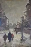 Venanzio Zolla, Calle Nevada Con Personajes, óleo sobre cartón
