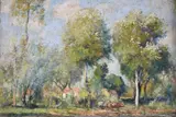 Auguste-Louis Lepère, Paisaje Con Jinete Y Toro, óleo sobre tabla, desperfectos