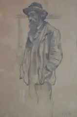 Jean-Charles Cazin, Personaje Con Sombrero, dibujo al lápiz inicialado J