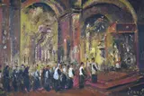 Egidio Cerrito, Interior De Iglesia Con Procesion, óleo sobre hardboard