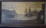 Puerto Con Barcos Y Personajes by Raffaelle Mudado, óleo sobre tabla, offered Sep 2021
