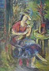 Mujer Con Sombrero by Juana Lumerman, óleo sobre cartón, offered Sep 2021