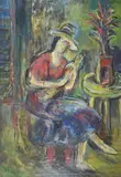 Mujer Con Sombrero by Juana Lumerman, óleo sobre cartón, offered Sep 2021