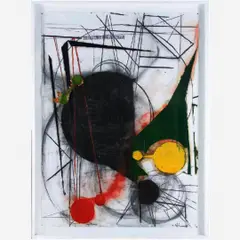 O sol fala comigo em palavras humanas (sol, faraó, pêndulo, borboleta, raios). Da Série Schreber 06 by Nuno Ramos, Folha de ouro, óleo, carimbo, carvão e giz pastel sobre cartão, offered Oct 2017