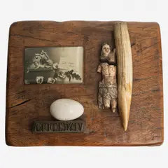 Natureza morta by Farnese de Andrade, Chifre, fotografia resinada, carimbo, imagem de São Sebastião e placa de madeira, offered May 2015