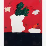 Angelo de Aquino, Vaso com flores, fundo carmin, frutas e legumes