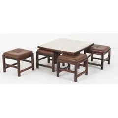 Michel Arnoult, Mesa com 4 banquinhos, 1961, Jacarandá da Bahia, estofado e mármore