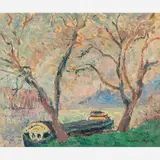 Kaminagai, Paisagem com barcos, Óleo sobre tela
