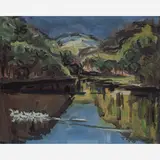 Kaminagai, Paisagem com Rio, (c. 1955), Óleo sobre cartão colado em madeira
