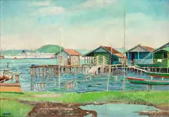 Aldeia De Pescadores by Yoshiya Takaoka, 1975, óleo sobre tela, offered Sep 2026