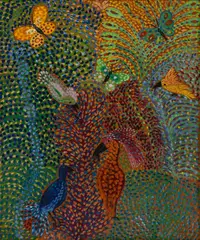 Pássaros, Flores e Borboletas by Maria Grauben, óleo sobre tela colada em eucatex, offered Sep 2026