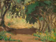 Bosque by Jorge Mori, 1945, óleo sobre madeira, offered Jan 2026
