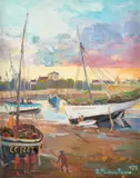 Barcos Bretores No Crepúsculo by A. Pacheco Ferraz, 1975, óleo sobre placa, offered Feb 2025