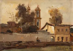 Casa E Igreja - Praça 9 de Julho em Sorocaba by Edgar Oehlmeyer, 1964, óleo sobre cartão, offered Feb 2025