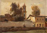 Edgar Oehlmeyer, Casa E Igreja - Praça 9 de Julho em Sorocaba, 1964, óleo sobre cartão