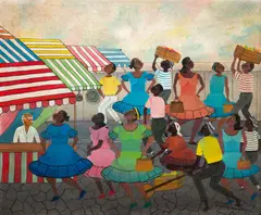 Feira Com Figuras by Heitor dos Prazeres, 1961, óleo sobre tela, offered Feb 2025