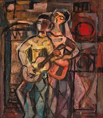 Casal de Músicos by Pedro Tort, óleo sobre placa, offered Dec 2024