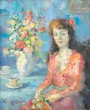 Retrato de Mulher Com Natureza Morta by Manoel Santiago, óleo sobre tela, offered Dec 2024