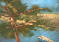 Marinha - Amendoeira, Praia E Barco by Carlos Scliar, 1972, vinil e colagem encerado sobre tela, offered Dec 2024