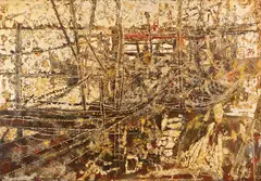 Embarcações by Tran Tho, técnica mista sobre madeira (folha de ouro, casca de ovo e óleo), offered Nov 2024