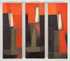 Castiçais - Tríptico by Carlos Scliar, 1973, vinil e colagem encerado sobre cartão colado em madeira, offered Oct 2024