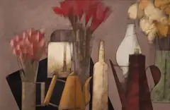 Vários Objetos e Flores by Carlos Scliar, 1988, vinil e colagem encerado sobre tela colado em madeira, offered Oct 2024