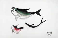 Tubarões by Chen Kong Fang, nanquim e aquarela sobre papel, offered Oct 2024