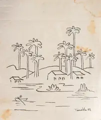 Tarsila do Amaral, Paisagem Com Barqueiros e Três Casas, 1952, nanquim sobre papel