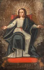 Nossa Senhora entronada by Escola Cusquenha, óleo sobre tela, offered Sep 2024