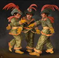 Três Carnavalescos com Penachos Vermelhos by Mário Gruber, 2001, óleo sobre tela, offered Sep 2024