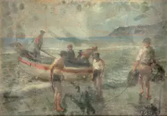Attilio Pratella, Marinha com lavadeiras e Nápoles ao fundo, óleo sobre madeira