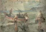 Attilio Pratella, Marinha com lavadeiras e Nápoles ao fundo, óleo sobre madeira