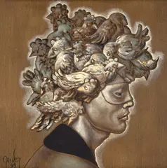 Cabeça com Pássaros by Mário Gruber, 1999, óleo sobre madeira, offered Sep 2024