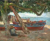 Oswaldo Teixeira, Marinha Com Barcas, Árvore e Pescador, 1950, óleo sobre tela