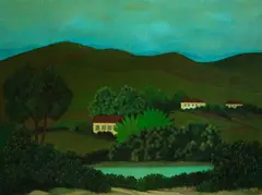 Paisagem com Casas by João Henrique, 1978, acrílica sobre eucatex, offered Jul 2024