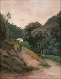 Paisagem com Figuras em Petrópolis by Salvatore Parlagreco, óleo sobre placa, offered Jul 2024