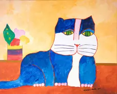 Aldemir Martins, Gato Azul Com Flores, 2000, acrílica sobre tela sobre tela