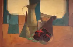 Composição Com Objetos e Caquis by Carlos Scliar, 1988, vinil e colagem encerados sobre tela, offered Jul 2024