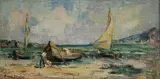 Marinha com Barcos e Pescadores by Armando F. Teixeira, óleo sobre tela, offered Jul 2024
